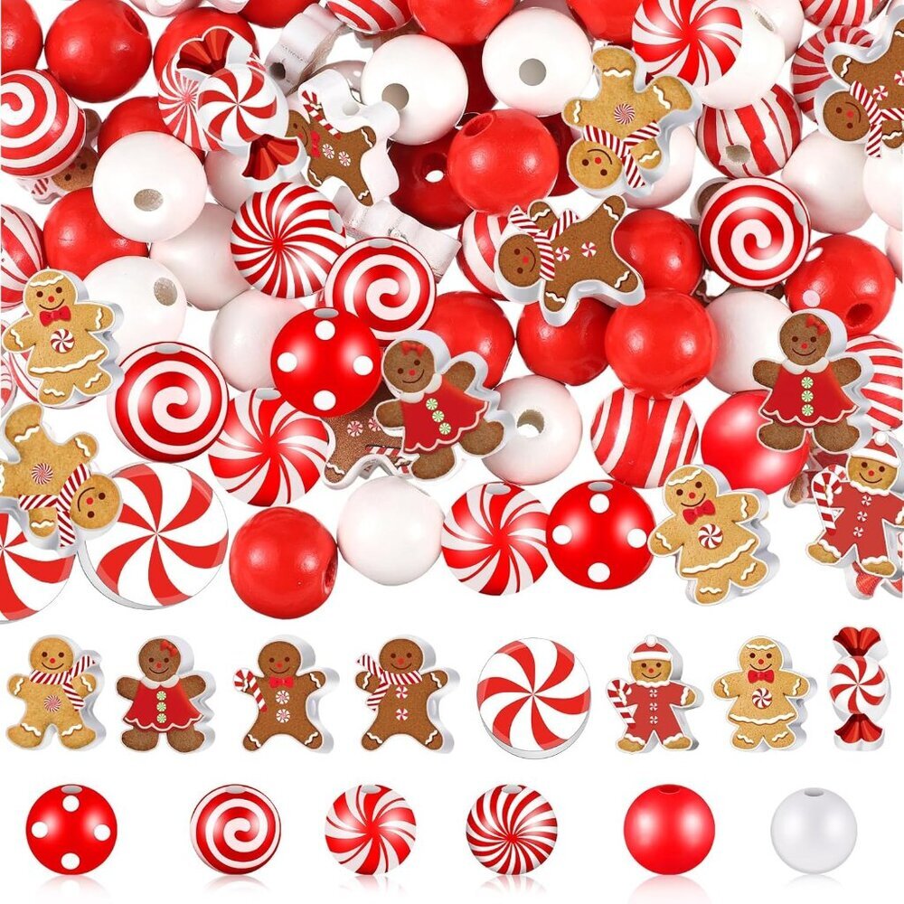 200 Pcs Christmas Beads for Crafts Wooden Christmas Beads Red and White Peppermi